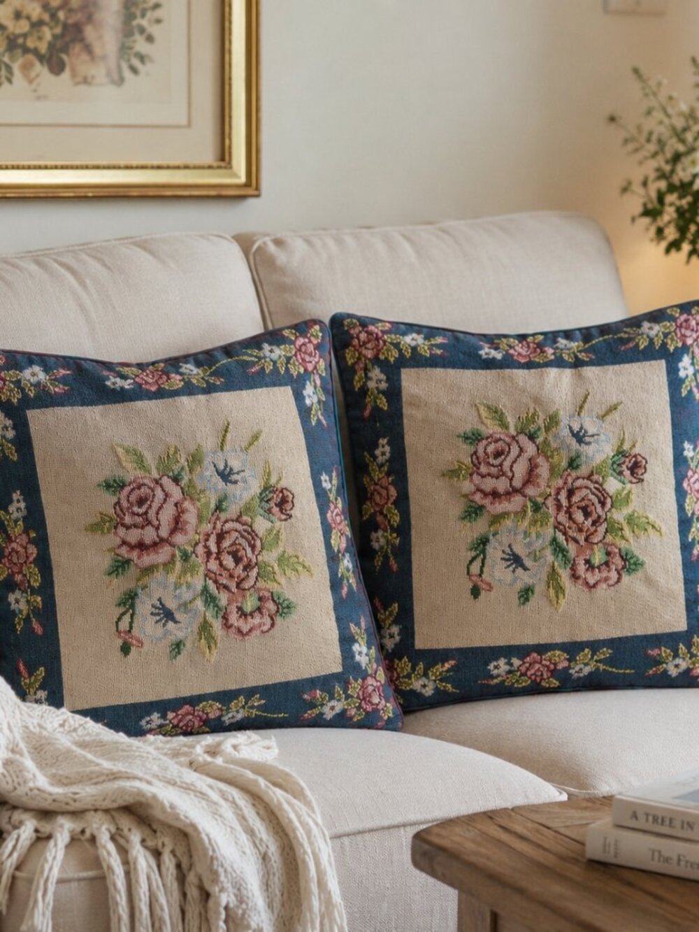 Set of 2 Floral Tapestry Pillow Covers 16x16 Blue Rose Vintage Cottage Decor